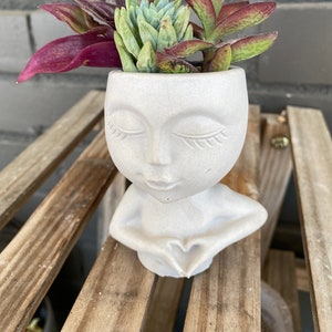 May include: A white ceramic planter shaped like a woman's bust with closed eyes and a heart-shaped hand gesture. The planter is filled with a variety of succulents, including a green succulent with pointed leaves, a purple succulent with long, thin leaves, and a red succulent with rounded leaves.