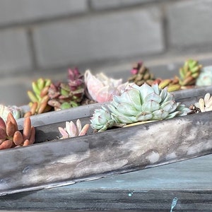 May include: A long, gray ceramic planter with a marbled finish, filled with a variety of succulents in shades of green, pink, and red.