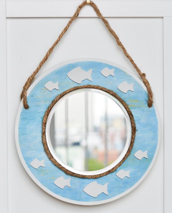 Round Mirror Beach Blue With Fish Nautical Wall Round Mirror Beach Blue With