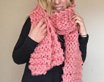 Salmon pink cozy bulky hand knit scarf warm long wide