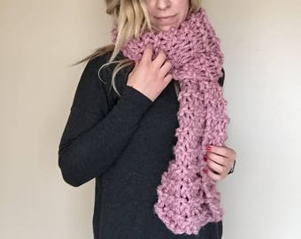 Blush pink cozy bulky hand knit scarf warm long wide