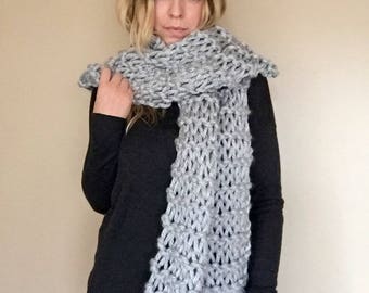 Silver cozy bulky hand knit scarf warm long wide