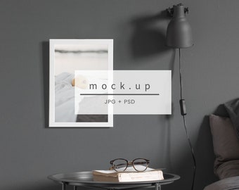 Bedroom mockup, frame mockup, white frame mockup, styled frame mockup, wooden frame, minimalist frame