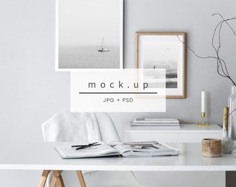 Workspace mockup, frame mockup, white frame mockup, styled frame mockup, wooden frame, minimalist frame