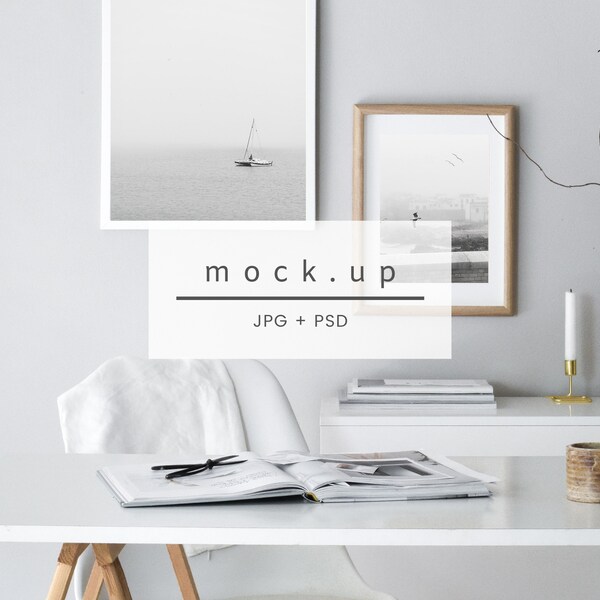 Workspace mockup, frame mockup, white frame mockup, styled frame mockup, wooden frame, minimalist frame