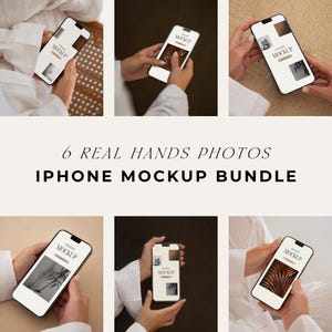 May include: An iPhone mockup bundle featuring six photos of iPhones held in various hands. The phone screens display different designs, with the text "Editable Mockup" visible. The text "6 Real Hands Photos iPhone Mockup Bundle" is also displayed.