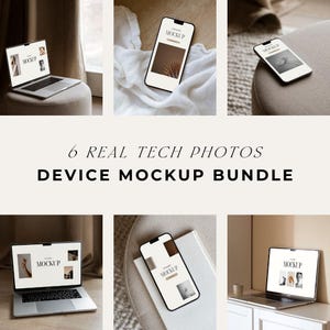 May include: Six tech device mockups featuring laptops and smartphones, each with a "MOCKUP" label. The devices are shown in different settings, with neutral backgrounds and soft lighting. The text "6 REAL TECH PHOTOS DEVICE MOCKUP BUNDLE" is also visible.