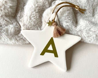 Personalised Christmas star bauble - Personalised initial tree decoration - Personalised gold boho star decoration tassel - new baby gift