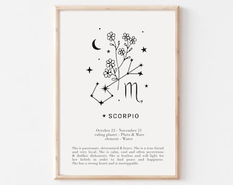 She is Scorpio Print - Personalised Scorpio Gift, Astrology Print, Custom Star Sign Print, Wall Art, Scorpio Poster, Digital download