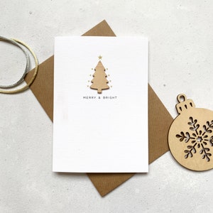 Aangepaste kerstkaart-Merry & Bright Card-kerstboom card-hand afgewerkte kerstkaarten-Scandi stijl gouden kerstkaarten