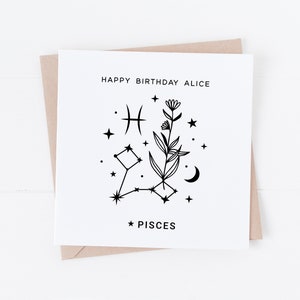 Personalised Pisces Zodiac Star Sign Card - Personalised Birthday card for her February March Birthday