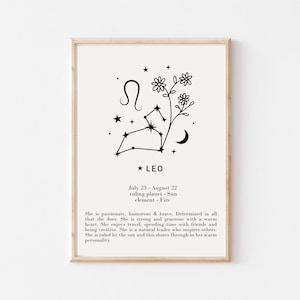 She is Leo Print - Personalised Leo Gift, Astrology Print, Custom Star Sign Print, Star Sign Wall Art, Leo Poster, Leo digital file