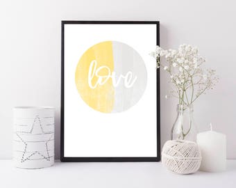 Love yellow grey abstract print - Love art print - Yellow and grey print - Scandi prints - grey living room decor - bedroom wall art print