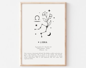 She is Libra Print - Personalised Libra Gift, Astrology Print, Custom Star Sign Print, Star Sign Wall Art, Libra Poster, digital download