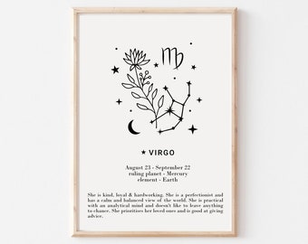 She is Virgo Print - Personalised Virgo Gift, Astrology Print, Custom Star Sign Print, Star Sign Wall Art, Virgo Poster, Digital download