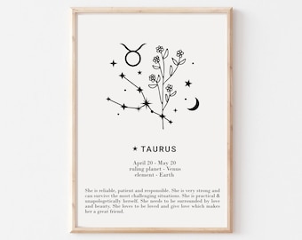 She is Taurus Print - Personalised Taurus Gift, Astrology Print, Custom Star Sign Print, Star Sign Wall Art, Taurus Poster, Digital download