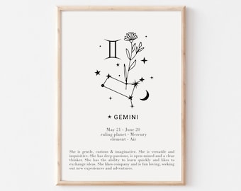 She is Gemini Print - Personalised Gemini Gift, Astrology Print, Custom Star Sign Print, Star Sign Wall Art, Gemini Poster, Digital download