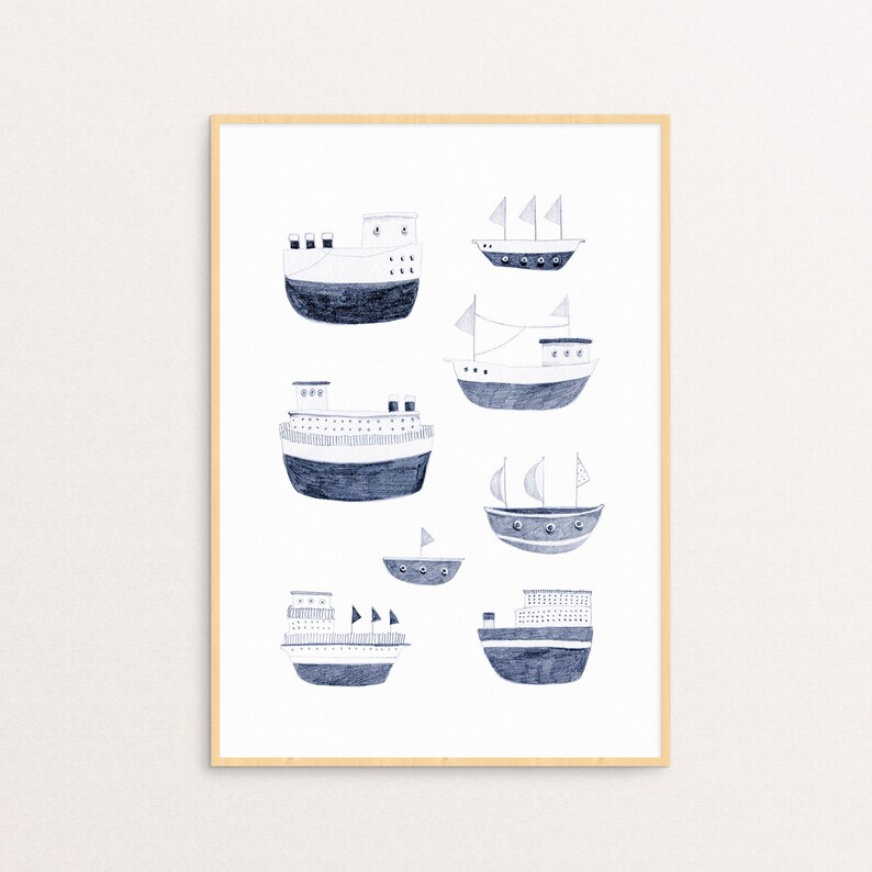Blue Ships Wall Art Nursery Print Illustration Print Etsy