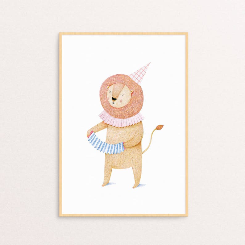 Illustration Print Baby Wall Art UNFRAMED Print Baby Shower Nursery Print Hand Made Kids Room Decor A Lion Plays Accordion