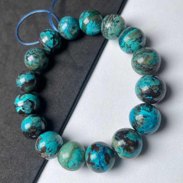 Beautiful Natural Rare Chrysocolla Round Beaded Bracelet, 13-13.5 MM Chrysocolla Beads Communication - Relaxation - Absorption