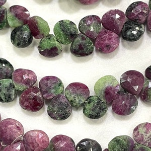 AAA Quality Natural Ruby Zoisite Heart Shape Faceted Briolettes Gemstone Beads, Brilliant Cut 7-8 mm Beads An Amazing Item, 8 Inches Strand