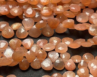 Unabhängigkeitstag Verkauf Natürliche Pfirsich Mondstein Herz Briolette Perlen, Pfirsich Mondstein 7/7 MM Perlen 8 Zoll Strang