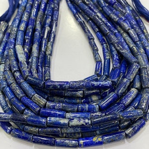 Pack Of 2 Strands Natural Lapis Lazuli Top Quality Smooth Pipe Shaped Beads,5/10-6/15 mm Approx Blue Lapis Beads 13 Inches Strand