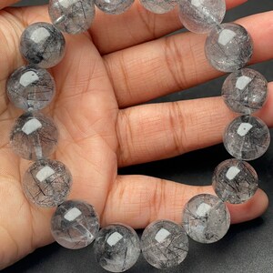 AAA Quality- Natural Black Rutile Smooth Round Gemstone Beaded Bracelet, 13-14mm Stretchable Bracelet, Handmade Birthstone Bracelet- Gift