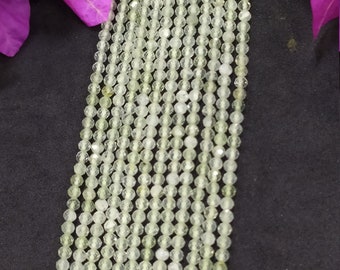 Natural Prehnite Micro Faceted Round Gemstone Beads, 3 mm Mala Beads, 13 Inches Strand High Quality Beads, Loose Jewelry Making Beads- Gifts