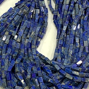Pack Of 2 Strand- Natural Lapis Lazuli Smooth Rectangle Gemstone Beads, Size 4/7 mm Approx Tube Beads, 15 Inches Strand Semi Precious Beads