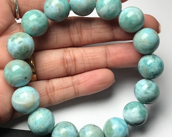 Magnifique bracelet de perles de pierres précieuses rondes lisses en larimar bleu naturel, taille 13,5 mm bracelet unisexe, bracelet extensible de guérison en cristal