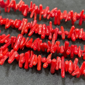Pack Of 4 Strands Red Coral Stick/Chips Beads, 2/15 MM Approx Coral Chips Beads, 16 Inches Strand