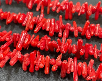 Pack Of 4 Strands Red Coral Stick/Chips Beads, 2/15 MM Approx Coral Chips Beads, 16 Inches Strand