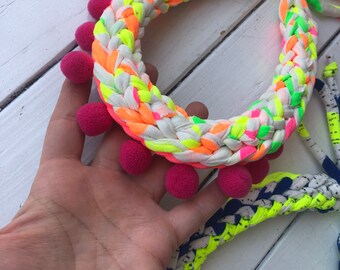 Statement Necklace Orange Neon Tshirt Yarn Necklace Textile Jewelry Neon Fabric Necklace Summer Bright Necklace Bib Braided Necklace