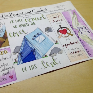 May include: A colorful illustration of a tent with the words "He will conceal me under the cover of his tent."  The illustration is part of a larger image with the words "Faithful to Protect and Comfort" and several Bible verses.