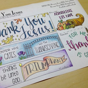 May include: A printable coloring page with a Christian theme. The page features colorful illustrations of a cornucopia, a gate, a banner, and wheat stalks. The text on the page includes "Thank You Jesus", "Enter His Gates", "With Thanksgiving", "For He Is Good", and "Triumphant".