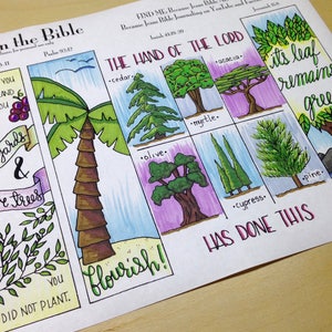 Trees in the Bible, Bible Journaling Margin Art & Tip-in, Printable and Traceable Templates, Hand Lettering, set of 4, 1 page