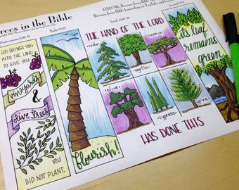 Trees in the Bible, Bible Journaling Margin Art & Tip-in, Printable and Traceable Templates, Hand Lettering, set of 4, 1 page