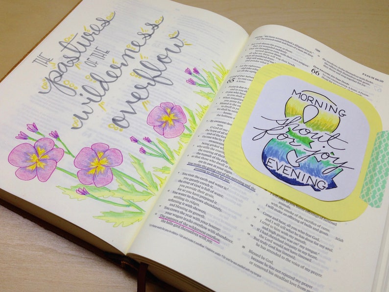 May include: Open Bible with handwritten text and floral illustrations. The words "The pastures of the wilderness overflow" are written in cursive. A yellow sticker with the words "Morning shout for joy Evening" is attached.
