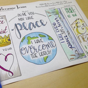 May include: A printable sheet with four bookmarks featuring hand-lettered bible verses about peace. The bookmarks are decorated with colorful illustrations, including a crown, a heart, a globe, and a river.