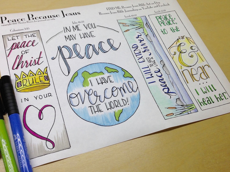 May include: A printable sheet with four bookmarks featuring hand-lettered bible verses about peace. The bookmarks are decorated with colorful illustrations, including a crown, a heart, a globe, and a river.
