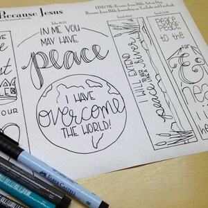 May include: Black and white printable bookmark design with the text "Peace Because Jesus" and bible verses. The design features a crown, a globe, and a river.