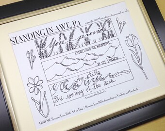 Standing in Awe Bible Journaling Margin Art & Tip-in, Psalm 65, Printable and Traceable Templates, Hand Lettering, set of 8, 2 pages