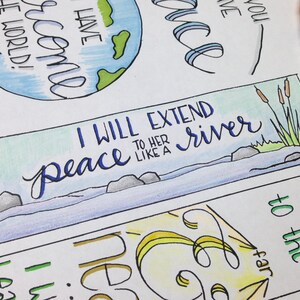 May include: A hand-drawn bookmark with a blue river, green reeds, and the text "I will extend peace to her like a river".