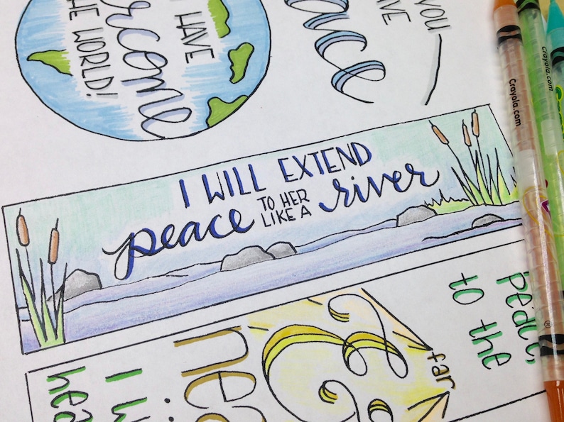 May include: A hand-drawn bookmark with a blue river, green reeds, and the text "I will extend peace to her like a river".