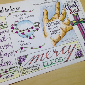 May include: A hand-drawn illustration with the words "Faithful to Love" and "Mercy" in pink and green. The illustration includes a cross, a globe, a hand, and flowers. The text "For God so loved the world" is included. The text "Christ died for us" is also included.