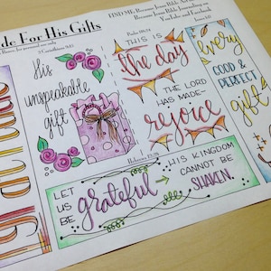 Gratitude for His Gifts Bible Journaling Margin Art & Tip-in, Printable and Traceable Templates, Hand Lettering, set of 5, 1 page