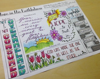 Hope in His Faithfulness Bible Journaling Margin Art & Tip-in, Printable and Traceable Templates, Hand Lettering, set of 5, 1 page