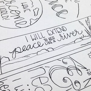 May include: Black and white line art illustration of a river with reeds on either side. The text "I will extend peace to her like a river" is written above the river.