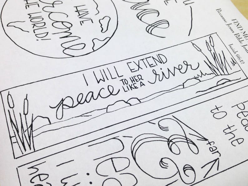May include: Black and white line art illustration of a river with reeds on either side. The text "I will extend peace to her like a river" is written above the river.